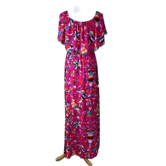 Judith March Dress Size Small Pink Parrot Tropical Maxi Off Shoulder Boho - Picture 4 of 9